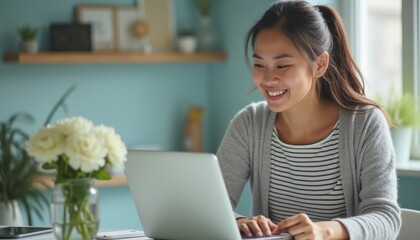 A joyful young Asian woman sits at a cozy desk, engaging with her laptop while surrounded by greenery and soft decor. Her bright smile radiates positivity, creating an inviting atmosphere of