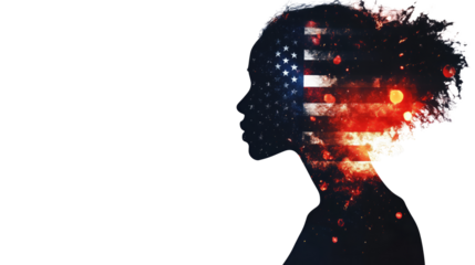 A double exposure of an African American woman's silhouette filled with the American flag and fireworks in space, cinematic, white copy space, - Generative AI