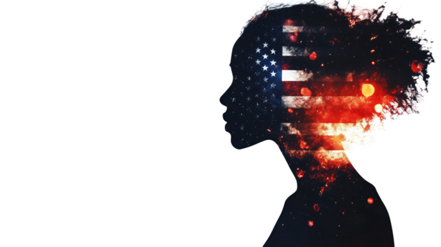 A double exposure of an African American woman's silhouette filled with the American flag and fireworks in space, cinematic, white copy space, - Generative AI