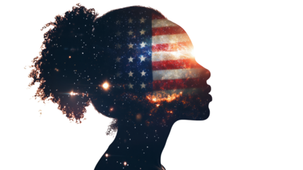 A double exposure of an African American woman's silhouette filled with the American flag and fireworks in space, cinematic, white copy space, - Generative AI