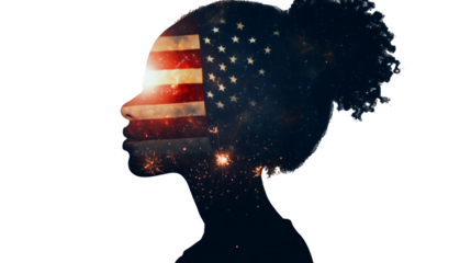 A double exposure of an African American woman's silhouette filled with the American flag and fireworks in space, cinematic, white copy space, - Generative AI