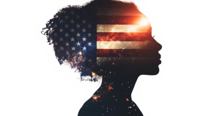 A double exposure of an African American woman's silhouette filled with the American flag and fireworks in space, cinematic, white copy space, - Generative AI