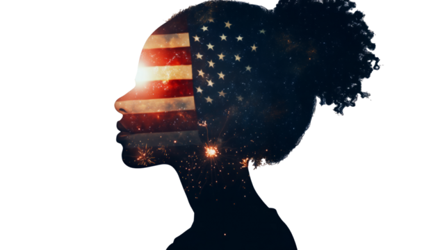 A double exposure of an African American woman's silhouette filled with the American flag and fireworks in space, cinematic, white copy space, - Generative AI