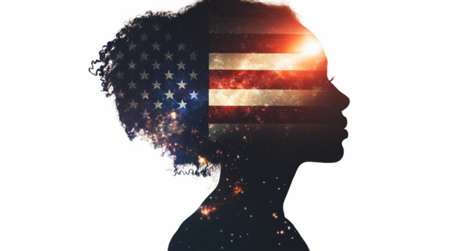 A double exposure of an African American woman's silhouette filled with the American flag and fireworks in space, cinematic, white copy space, - Generative AI