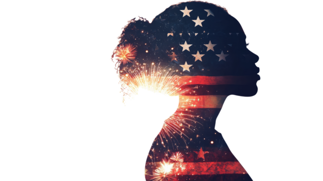 A double exposure of an African American woman's silhouette filled with the American flag and fireworks in space, cinematic, white copy space, - Generative AI