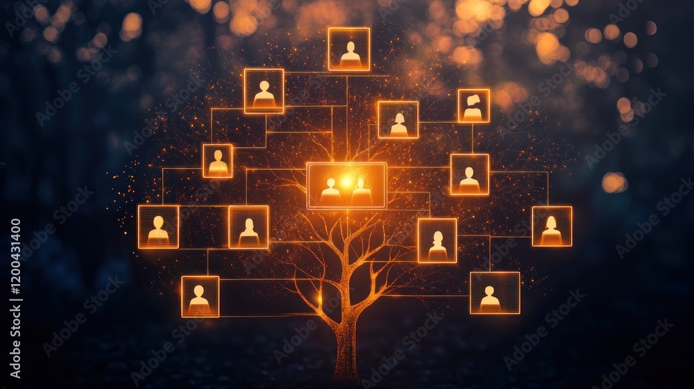 Poster glowing tree of connections: a digital family tree visualizing network and relationships