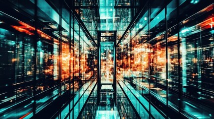 Fototapeta premium Abstract digital corridor with glowing lights and reflections, depicting data center or network infrastructure.