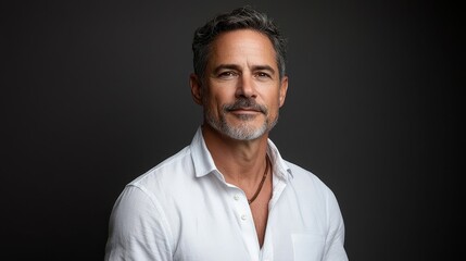 Obraz premium A man with salt-and-pepper hair and a beard smiles confidently while wearing a white button-up shirt. He poses in a studio with a dark background, showcasing a relaxed demeanor