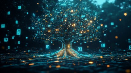 A conceptual tree with a base of digital data points, a trunk made of rising stock charts