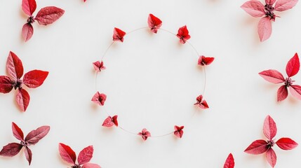 Red leaves arranged in a circle on white background, forming a frame.