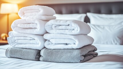 Two stacks of neatly folded white and gray towels on a bed.