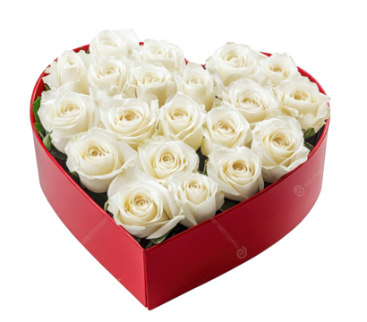a heart-shaped red box filled with white roses. symbolizing love and affection. often used for romantic occasions like valentine's day or anniversaries the arrangement showcases the beauty and eleganc