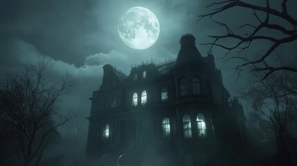 Moonlit haunted mansion, spooky night, mysterious atmosphere, Halloween scene