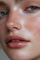 Detailed close-up of a freckled face highlighting natural skin texture and youthful beauty
