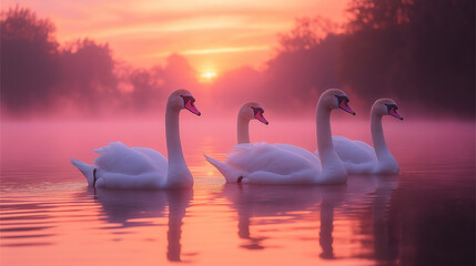 Fototapeta premium A group of elegant swans floating on a serene lake at dawn, with mist rising off the water and soft pastel colors in the sky.