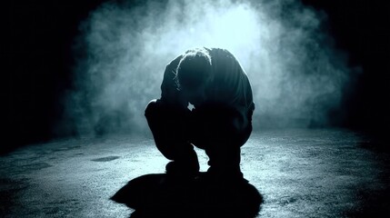 Man crouching in darkness, head bowed, shrouded in smoke and light.