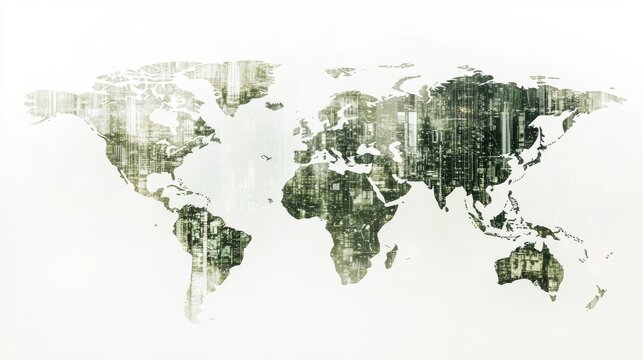 Create an ultra-detailed, high-resolution image of a transparent world map overlaid with financial symbols and trends