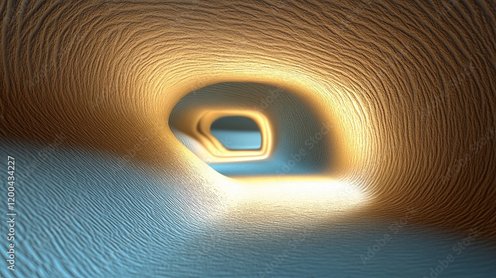 Poster exploring an abstract tunnel illuminated by soft light in a surreal environment. generative ai