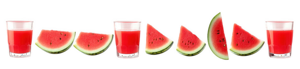 vibrant display of watermelon slices alongside glasses filled with watermelon juice. showcasing the refreshing and juicy nature of the fruit the arrangement emphasizes the fruit's bright red flesh and