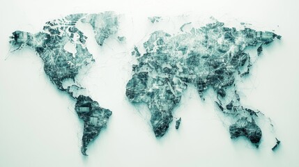 Design a photorealistic, high-resolution image of a world map with continents made from interconnected financial networks
