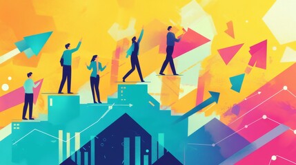 Flat design, 2D illustration of a group of professionals climbing a ladder made of charts and graphs