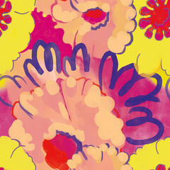 Seamless pattern with wild abstract flowers in digital painting style.