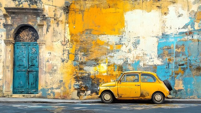 Fototapeta Yellow vintage car parked by colorful wall, Italy. Travel photography for websites