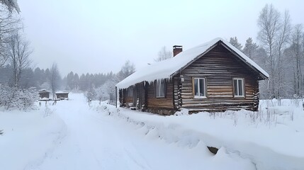 Snowy rustic cabin winter landscape, rural scene, tranquil background, ideal for winter travel brochures