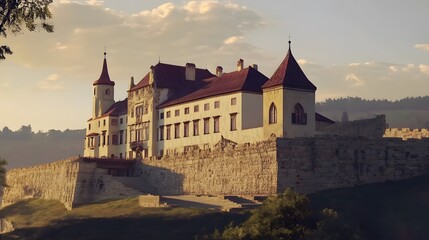 Fototapeta premium Hilltop castle sunset; scenic landscape; tourism