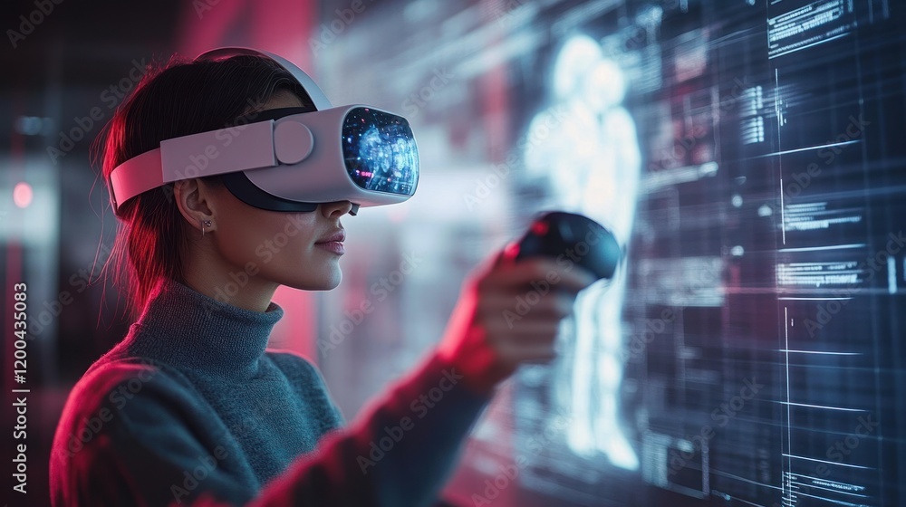 Poster virtual reality user engaged with bionic limb control in cyberpunk laboratory setting with neon ligh