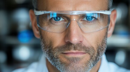 A focused man in safety glasses stands ready for work in a laboratory, showcasing a serious expression. The background hints at advanced scientific equipment