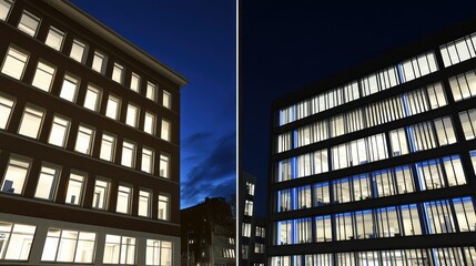 Obraz premium Night comparison of two buildings; classic and modern architecture illuminated.