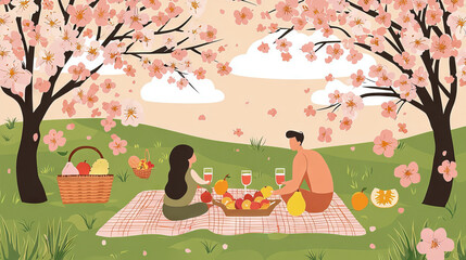 Naklejka premium Romantic Spring Picnic Under Cherry Blossoms with a Couple Enjoying Fresh Fruits and Drinks. Concept of Love, Outdoor Relaxation, Seasonal Leisure. Illustration Art