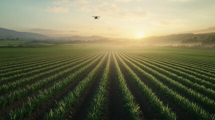 Ultra detailed, photorealistic dawn on a farm filled with rows of onions