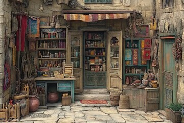 Quaint shop, Middle Eastern market, stone street, diverse goods, travel brochure