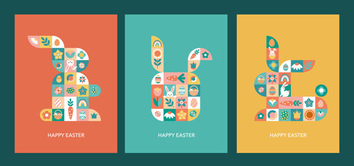 Set of Happy Easter cards. Geometric shapes of rabbits. Colorful vector design. 	