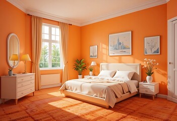 Fototapeta premium Sunlit Orange Bedroom With Modern Minimalist Decor