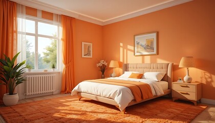 Sunlit Orange Bedroom With Modern Bed And Decor
