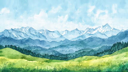 Fototapeta premium Majestic Mountain Landscape in Spring Watercolor Art with Rolling Green Hills and Blue Sky. Concept of Nature's Beauty, Tranquility, Scenic Outdoors, Peaceful Wilderness