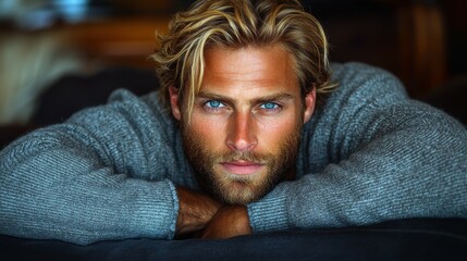 Obraz premium A man with long, wavy hair and a well-groomed beard rests comfortably indoors. He gazes intently at the camera, embodying a relaxed yet captivating presence