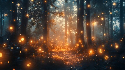 Magical forest path glowing with fireflies and mystical symbols at night.