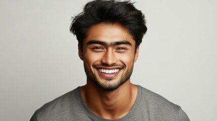 Obraz premium A young man with dark, tousled hair displays a warm and genuine smile. He is wearing a simple gray t-shirt and is positioned against a light backdrop, radiating positivity and joy