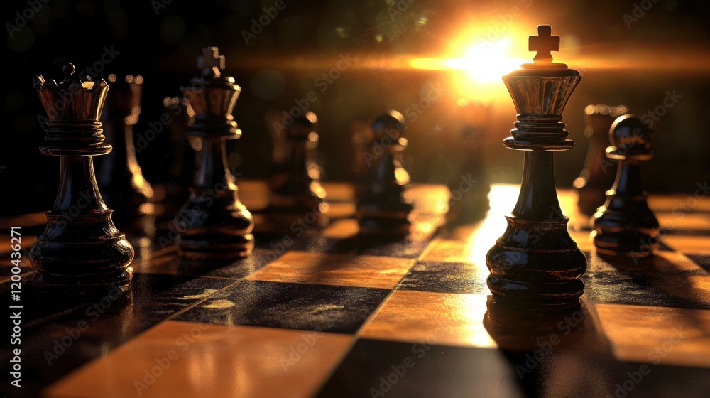 Poster chess pieces in dynamic arrangement illuminated by sunset glow at a strategic moment of gameplay. ge