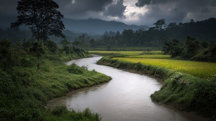 Serene river meandering through lush green rice paddies under a dramatic sky.