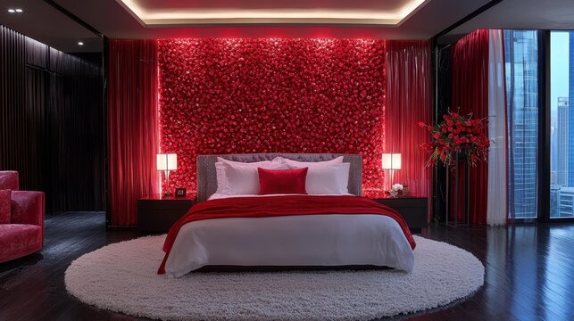 A cozy bedroom adorned with a romantic red accent wall, featuring a pristine white bed, perfect for intimate moments on Valentine's Day.