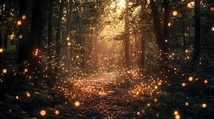 Magical sunset path in a forest with glowing fireflies.