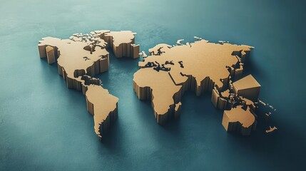 3D wooden map of the world displayed on a solid blue background, showcasing detailed contours of continents and oceans