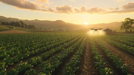 Ultra detailed, photorealistic early morning on a farm with rows of tomatoes