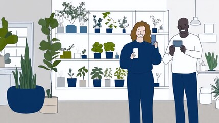Happy diverse colleagues using smartphones in plant shop.
