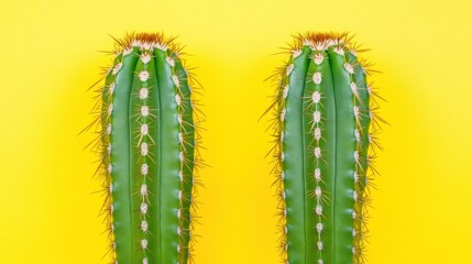 Naklejka premium Two vibrant green cacti against a bright yellow background.